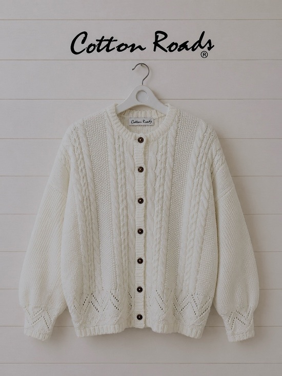 Cotton Road Sweaters - COTTON ROAD VINTAGE – White Cable Knit Cardigan – Oversized L